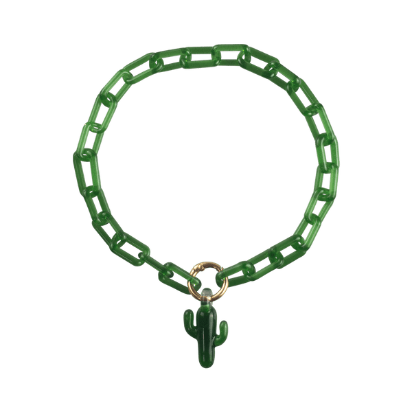 This is the Green Cactus Collab Chain by Technicolor Tony & Maze Glass available at Ritual Colorado. A sleek handmade glass chain featuring a sparkly green cactus pendant.