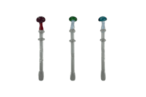 These are Mushroom Glass Dabber by Biting Glass available at Ritual Colorado. Featuring vibrant mushrooms and textured grips these are sweet handmade glass dab tools.