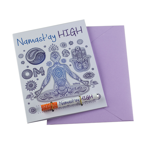 The "Namast'ay High" Greeting Card by KushKards with matching metal One Hitter available at Ritual Colorado. A fun cannabis-themed greeting card for the stoner in your life.