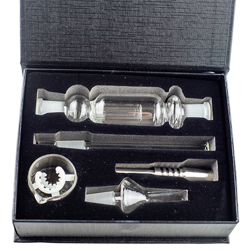 The is the Nectar Collector Kit from Ritual Glass available at Ritual Colorado. It includes a nectar collector body with 5-slit perc, a glass mouthpiece, glass and titanium tips, a 14mm keck clip, and a glass concentrate dish. Coming in a convenient customized box for super easy portability take your dabs on the go with this premium kit.