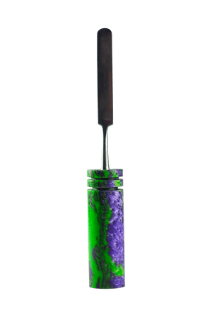 This is the Nuclear Grape dab tool from Hash Handlez available at Ritual Colorado. These beautiful handmade dab tools include a protective carrying case for easy portability.