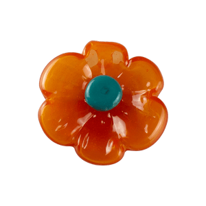 This is the Hot Sauce Flower Pendant from Technicolor Tonys available at Ritual Colorado. The beautiful orange pendant features a teal center for a fun jewelry piece and accessory!