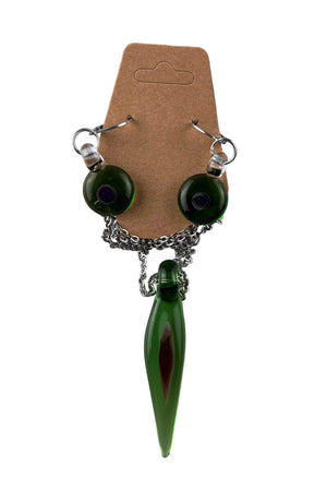 This is the Peacock Earring / Necklace Jewelry Set by Biting Glass available at Ritual Colorado. A sleek set of emerald green earrings and feather necklace featuring multi-color peacock dots in the center.