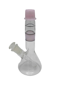 This is the Pink Stripe Mini Beaker by Biting Glass available at Ritual Colorado. A sleek water pipe handmade in Denver, Colorado featuring a 14mm removable downstem and black & pink stripe accents.