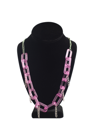 This is the Pink Lollipop & Glass Chain Necklace by Technicolor Tony featuring metal chain accents by Mads in-house, available at Ritual Colorado. This stunning handmade glass necklace features vibrant colors and refined craftsmanship.