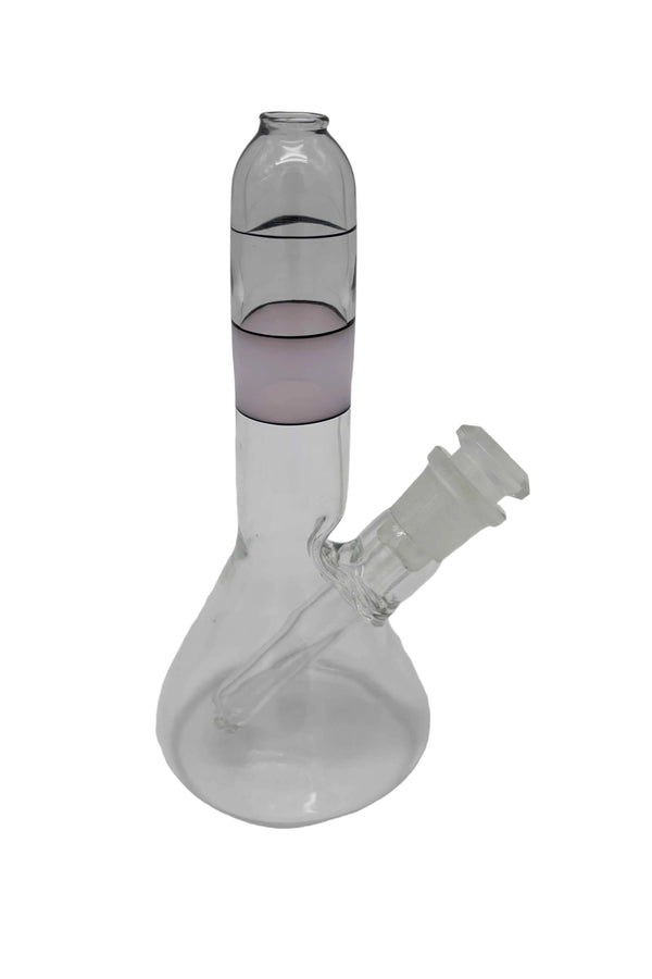 This is the Pink Stripe Mini Beaker by Biting Glass available at Ritual Colorado. A sleek water pipe handmade in Denver, Colorado featuring a 14mm removable downstem and black & pink stripe accents.