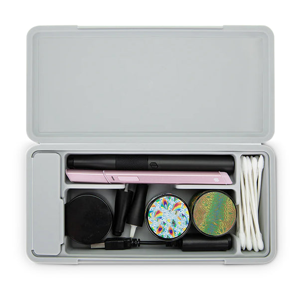 This is the Pivot Travel Case by Puffco available at Ritual Colorado. A sleek aluminum exterior carrying case with soft silicone interior to reduce noise while on the go.