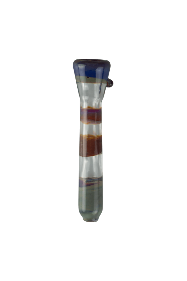 This is the Amber Purple Color Stripe Chillum by Biting Glass available at Ritual Colorado. A sturdy handmade glass one-hitter featuring a flared trumpet bowl on the end.