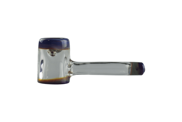 This is the Amber Purple Hammer Pipe by Biting Glass available at Ritual Colorado. A sleek clear hand pipe with accents of vibrant amber purple glass.