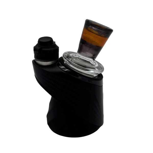 This is the Purple & Orange Wide Airflow Peak Top by Technicolor Tony available at Ritual Colorado. A sleek handmade glass upgrade to your Puffco Peak featuring vibrant purple & orange glass colors.