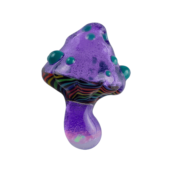 This is the Purple Mushroom Pendant from Technicolor Tonys available at Ritual Colorado. The beautiful purple glass is accented by green and the flashing blue opal in the stem. The underside or gills of the mushroom feature a swirling rainbow pattern. Check out all of Technicolor Tonys glass art creations and let us know if you ever have any questions.