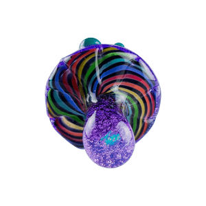 This is the Purple Mushroom Pendant from Technicolor Tonys available at Ritual Colorado. The beautiful purple glass is accented by green and the flashing blue opal in the stem. The underside or gills of the mushroom feature a swirling rainbow pattern. Check out all of Technicolor Tonys glass art creations and let us know if you ever have any questions.