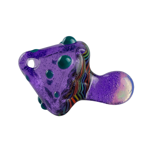This is the Purple Mushroom Pendant from Technicolor Tonys available at Ritual Colorado. The beautiful purple glass is accented by green and the flashing blue opal in the stem. The underside or gills of the mushroom feature a swirling rainbow pattern. Check out all of Technicolor Tonys glass art creations and let us know if you ever have any questions.