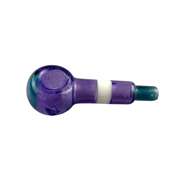 This is the Purple Colorful Stripe Spoon by Biting Glass available at Ritual Colorado. A vibrant handmade glass pipe made in Denver, CO featuring sparkly blue accents.