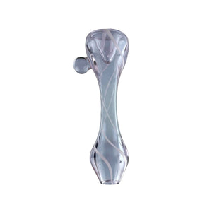 This is the Asymmetrical Swirl Chillum by Biting Glass available at Ritual Colorado. Featuring three swirling white lines on a gorgeous purple chillum for a stylish everyday one hitter pipe.