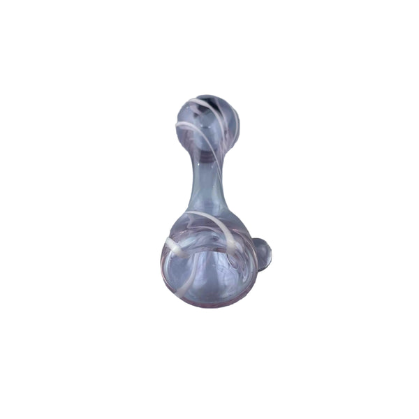 This is the Asymmetrical Swirl Chillum by Biting Glass available at Ritual Colorado. Featuring three swirling white lines on a gorgeous purple chillum for a stylish everyday one hitter pipe.