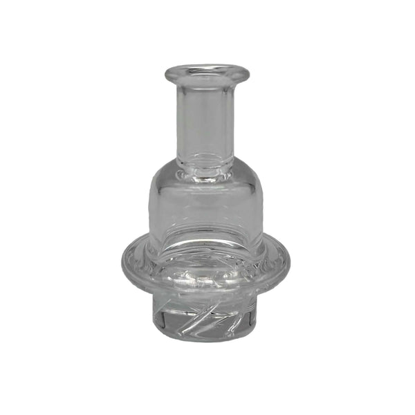 This is the Quartz Turbine Carb Cap by Ritual Co. available at Ritual Colorado. A sleek fully quartz cap featuring directional airflow for spinning air movement in your banger. 