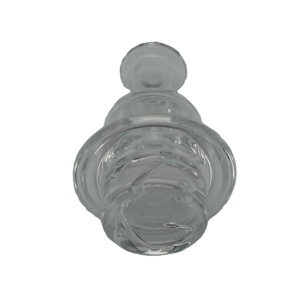 This is the Quartz Turbine Carb Cap by Ritual Co. available at Ritual Colorado. A sleek fully quartz cap featuring directional airflow for spinning air movement in your banger. 