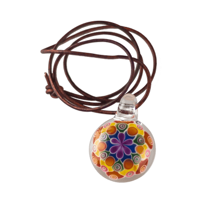 This is the Rainbow Burst Dot Stack Pendant from Faltermeier Glass available at Ritual Colorado. This beautiful handmade glass pendant features impressive dot work with tons of swirling colors. 