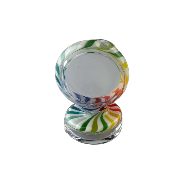 These are Disc Puffco Peak Dry Tops by Technicolor Tony available at Ritual Colorado. Featuring sleek clear discs with vibrant color outlines for a one-of-a-kind upgrade to your eRig.