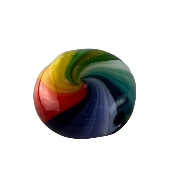 These are Heady Glass Beads by Technicolor Tony available at Ritual Colorado. Featuring vibrant swirling colors and two holes so you can string them onto your favorite necklace or bracelet.