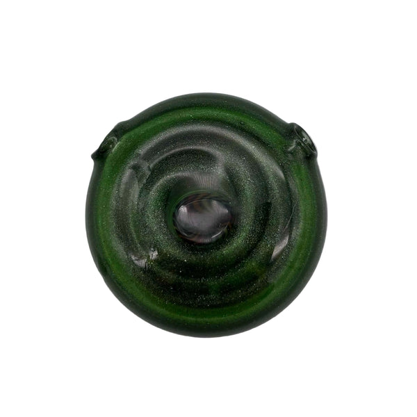 This is the vibrant Rainbow Swirl Disc Pendant by Biting Glass available at Ritual Colorado. Featuring an intricate color pattern accented by sparkle green glass on the back this is a bold and stylish jewelry piece.