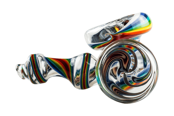 This is the rainbow shirley hand pipe from Technicolor Tonys available at Ritual Colorado. The intricate black and white swirls inside the glass are accented by colorful rainbow swirls on the outside. A beautiful heady hand pipe fit for any glass collection.