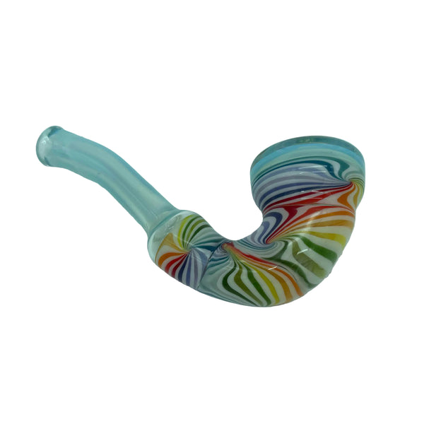 This is the Rainbow Swirl Sherlock Hand Pipe by Technicolor Tony available at Ritual Colorado. A sleek handmade glass pipe featuring swirls of vibrant colors and a classic sherlock shape.