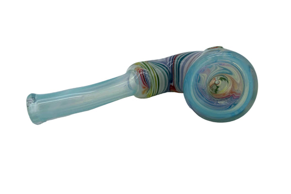 This is the Rainbow Swirl Sherlock Hand Pipe by Technicolor Tony available at Ritual Colorado. A sleek handmade glass pipe featuring swirls of vibrant colors and a classic sherlock shape.