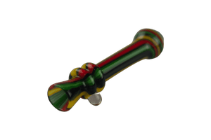 This is the Rasta Linework Chillum by Vulcan Glass Art available at Ritual Colorado. A stylish and handmade glass one-hitter option for your sesh.