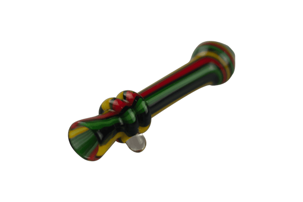 This is the Rasta Linework Chillum by Vulcan Glass Art available at Ritual Colorado. A stylish and handmade glass one-hitter option for your sesh.