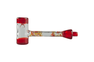 This is the Red Swirl Hammer by Biting Glass available at Ritual Colorado. A sleek handmade glass pipe featuring vibrant red accents and swirling color sections on the mouthpiece.