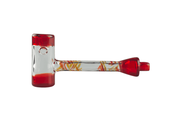 This is the Red Swirl Hammer by Biting Glass available at Ritual Colorado. A sleek handmade glass pipe featuring vibrant red accents and swirling color sections on the mouthpiece.