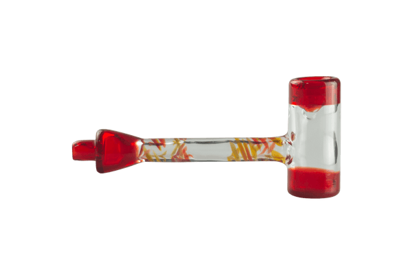 This is the Red Swirl Hammer by Biting Glass available at Ritual Colorado. A sleek handmade glass pipe featuring vibrant red accents and swirling color sections on the mouthpiece.