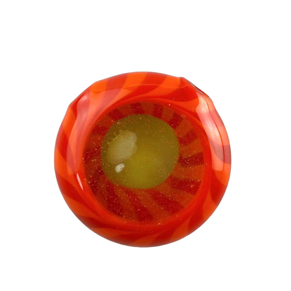 This is the Red / Orange Spiral Disc Pendant by Technicolor Tony available at Ritual Colorado. A vibrant glass jewelry piece featuring intricate patterns and vibrant glass colors.