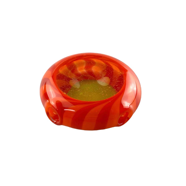 This is the Red / Orange Spiral Disc Pendant by Technicolor Tony available at Ritual Colorado. A vibrant glass jewelry piece featuring intricate patterns and vibrant glass colors.