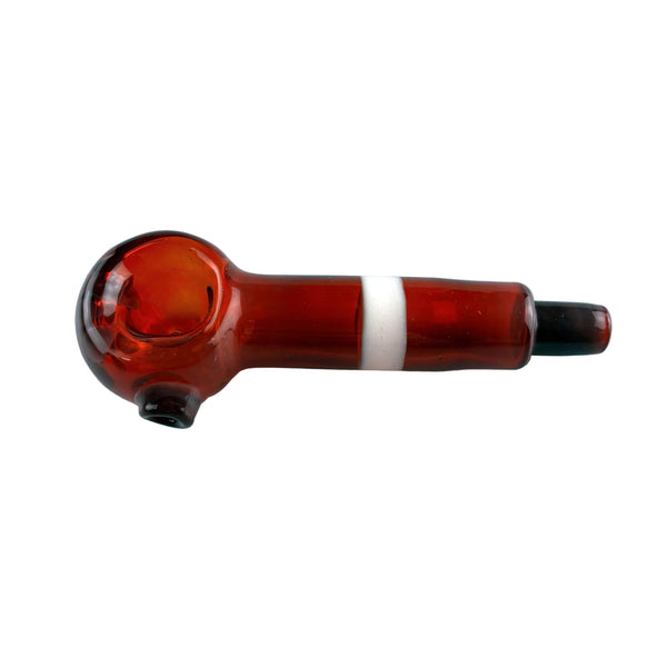 This is the Red Colorful Stripe Spoon by Biting Glass available at Ritual Colorado. A vibrant handmade glass pipe made in Denver, CO featuring purple accents on the bowl and mouthpiece.