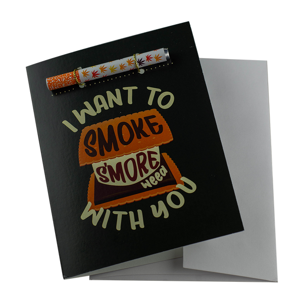 The "I Want To Smoke S'more Weed With You" Greeting Card by KushKards with matching metal One Hitter available at Ritual Colorado. A fun Colorado and cannabis-themed greeting card for the outdoorsy stoner in your life.