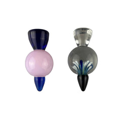 These are Solid Spike Carb Caps by Biting Glass available at Ritual Colorado. Featuring a 21mm marble in the center with a flared handle on top and airflow disrupting spike on bottom.