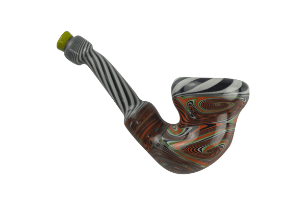 This is the Spooky Swirly Shirley Pipe by Technicolor Tony available at Ritual Colorado. A seriously heady halloween pipe with tons of linework, wig wags, reversals and more!