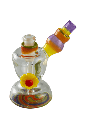 This is the Spring Bloom Mini Bubbler by Technicolor Tonys available at Ritual Colorado. This vibrant glass pieces features a siwrling base and a beatufiul flower on the side. A great heady grab for a good price.