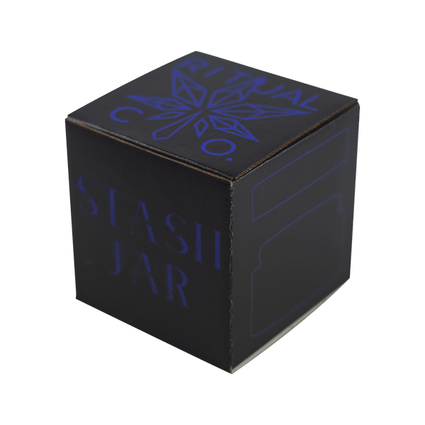 This is the packaging box for the Ritual Stash Jar available at Ritual Colorado. A premium ultraviolet jar that filters out UV light while preserving your cannabis flower in optimal condition.