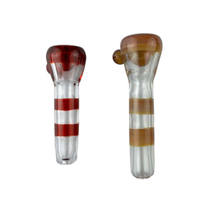 These are the Color Stripe Chillums by Biting Glass available at Ritual Colorado. Sturdy handmade glass one-hitters featuring a flared trumpet bowl on the end.