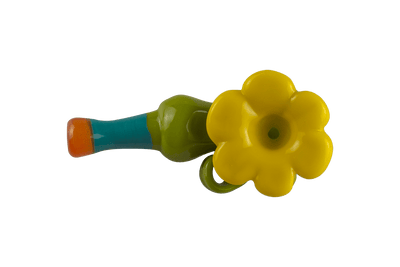 This is the Sunflower Hammer Pipe by Technicolor Tonys available at Ritual Colorado. This fun hand pipe features a vibrant yellow bowl with other bright colors for a fun heady piece.