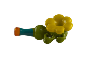 This is the Sunflower Hammer Pipe by Technicolor Tonys available at Ritual Colorado. This fun hand pipe features a vibrant yellow bowl with other bright colors for a fun heady piece.