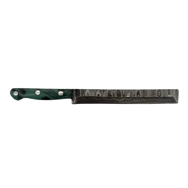 This is the Teal Swirl Sushi Knife Dab Tools by Dabmascus available at Ritual Colorado. Handmade in California these gorgeous damascus steel dabbers are one of a kind and the perfect upgrade for your heady dab station.