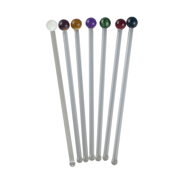 These are handmade Glass Cocktail Swizzle Sticks by Biting Glass available at Ritual Colorado. Featuring vibrant glass marble toppers and rounded bottom to easily stir up your favorite drink.