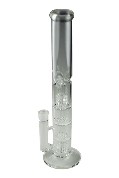 This is The Judge straight tube bong from Ritual Glass available at Ritual Colorado. A powerful and tall glass piece that features a 19mm female connection, two matrix percs and two honeycomb percs. 