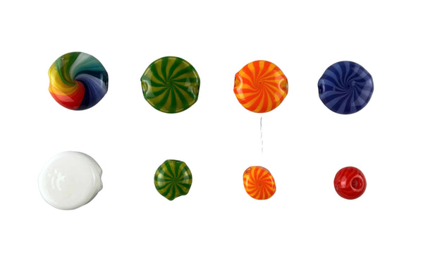 These are Heady Glass Beads by Technicolor Tony available at Ritual Colorado. Featuring vibrant swirling colors and two holes so you can string them onto your favorite necklace or bracelet.