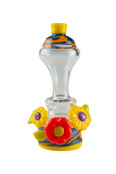 This is the TriFlora Puffco Dry Top from Technicolor Tonys available at Ritual Colorado. A beautiful dry top for your Puffco Peak & Peak Pro it fits securely into the base unit. The swirling yellow, blues and oranges on the body are accented by flowers and leaves. Check out Technicolor Tonys awesome glass work at Ritual Colorado.